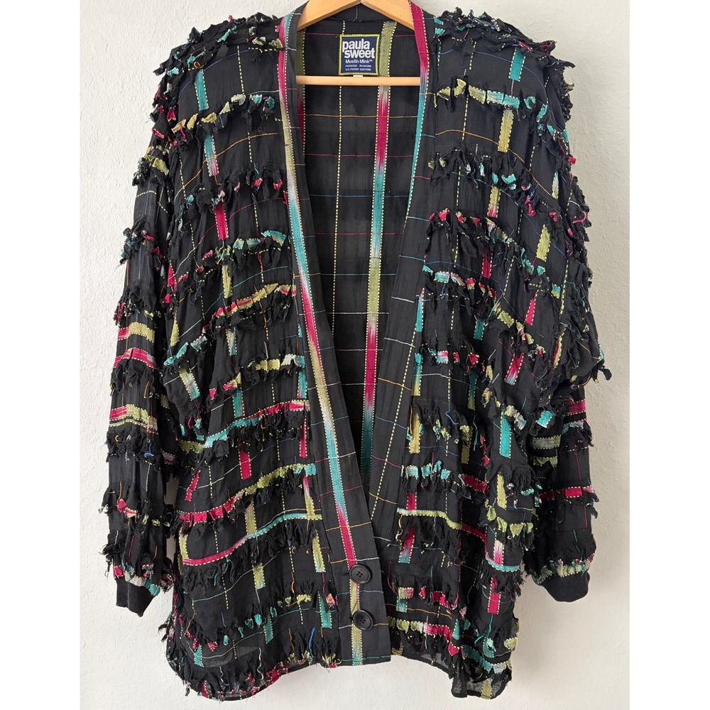 Paula Sweet Womens Muslin Mink Fringe Shredded Jacket L Multi Color Art To Wear